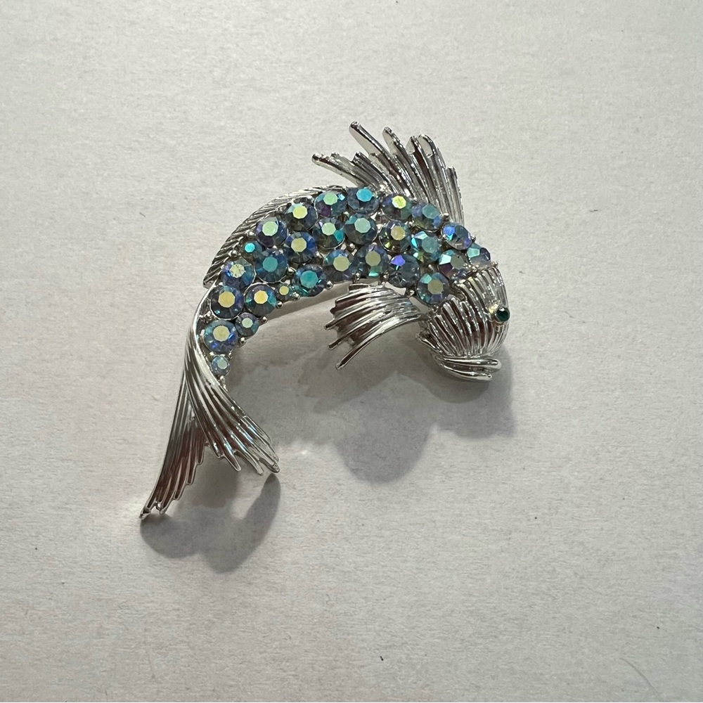 Coro Silver Tone Fish Brooch with Blue AB Rhinestones